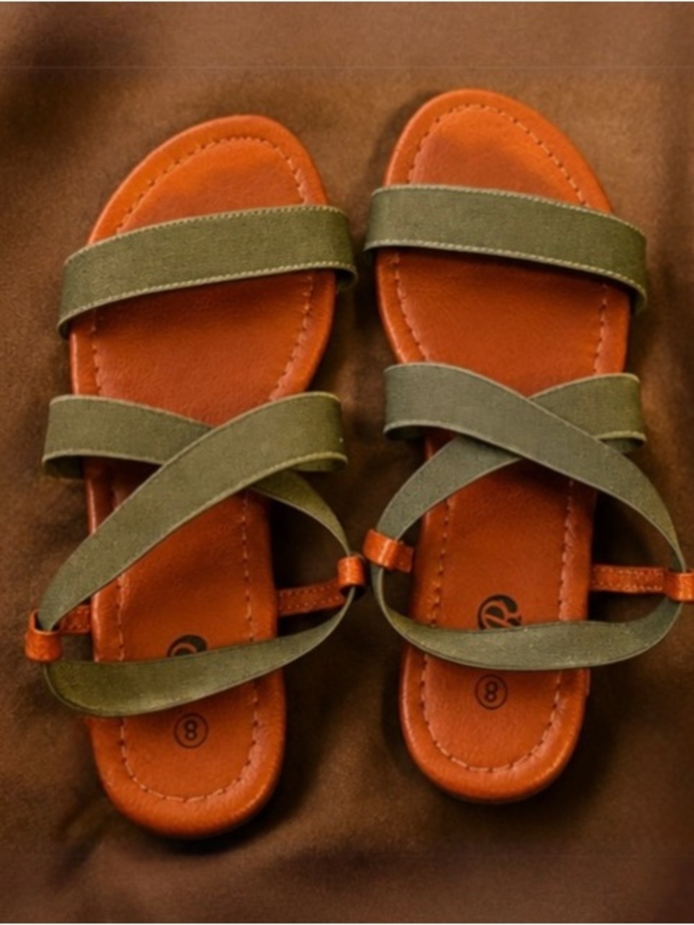 Olive Strappy Flat Sandals with Tan Footbed - Size 8